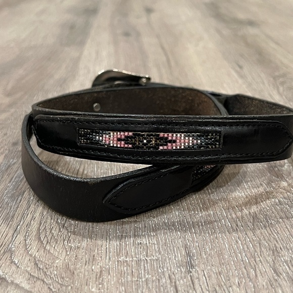 Handmade Colorado Leather Goods 36W Black Belt Silver Buckle Beaded Accent Belt - Picture 5 of 9